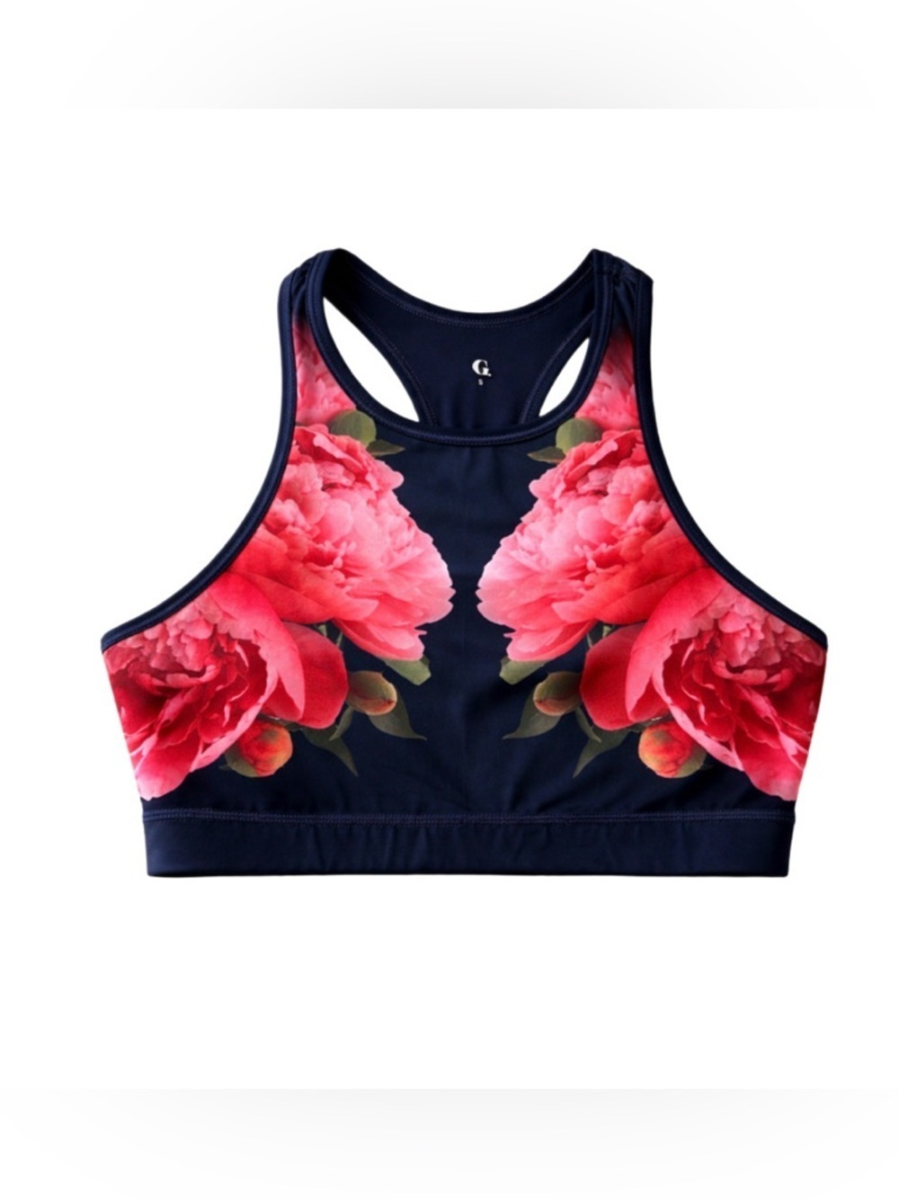 G Label by Goop Peony Floral Sports Bra Crop Top Navy Blue Pink Small NWOT - Picture 2 of 7